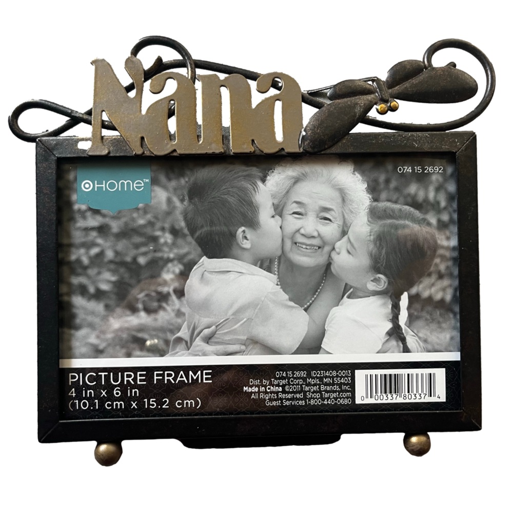 Home “Nana” Metal Picture Frame 4x6 – Rustic Black & Bronze w/Dragonfly Accent
